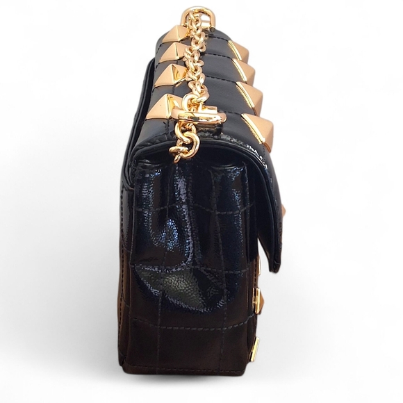 Michael Kors Whitney Studded Patent Leather Shoulder Bag Black Gold - Picture 2 of 15
